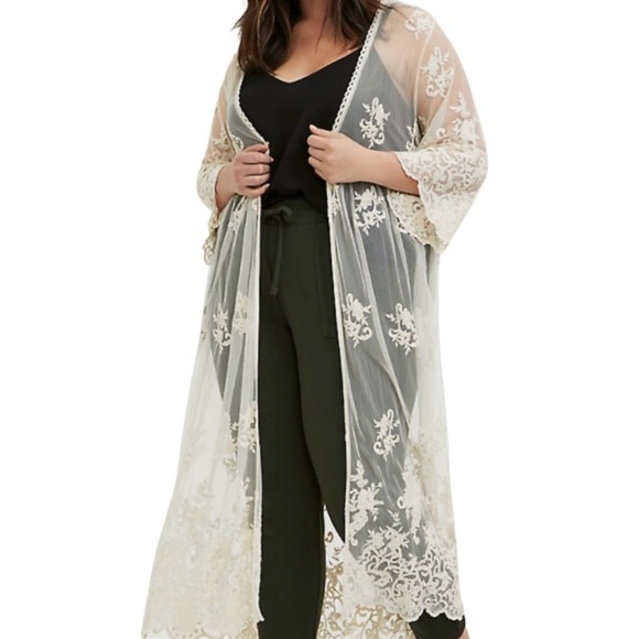 Torrid Women’s Plus Size Ivory Mesh Embroidered Duster Kimono - Picture 3 of 14